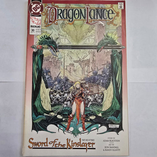 Cover of 'Dragonlance: Sword of the Kinslayer' with a fantasy scene and character illustration.