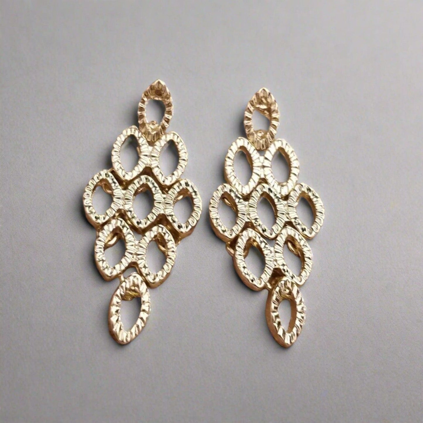 Vintage Gold Tone Statement Earrings – Openwork Geometric Dangle Design