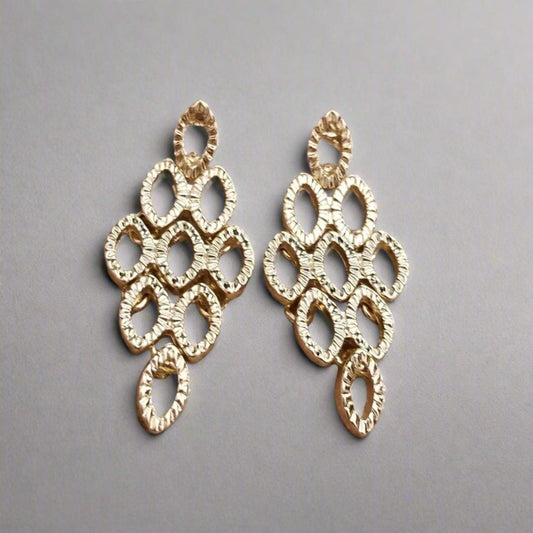 Vintage Gold Tone Statement Earrings – Openwork Geometric Dangle Design