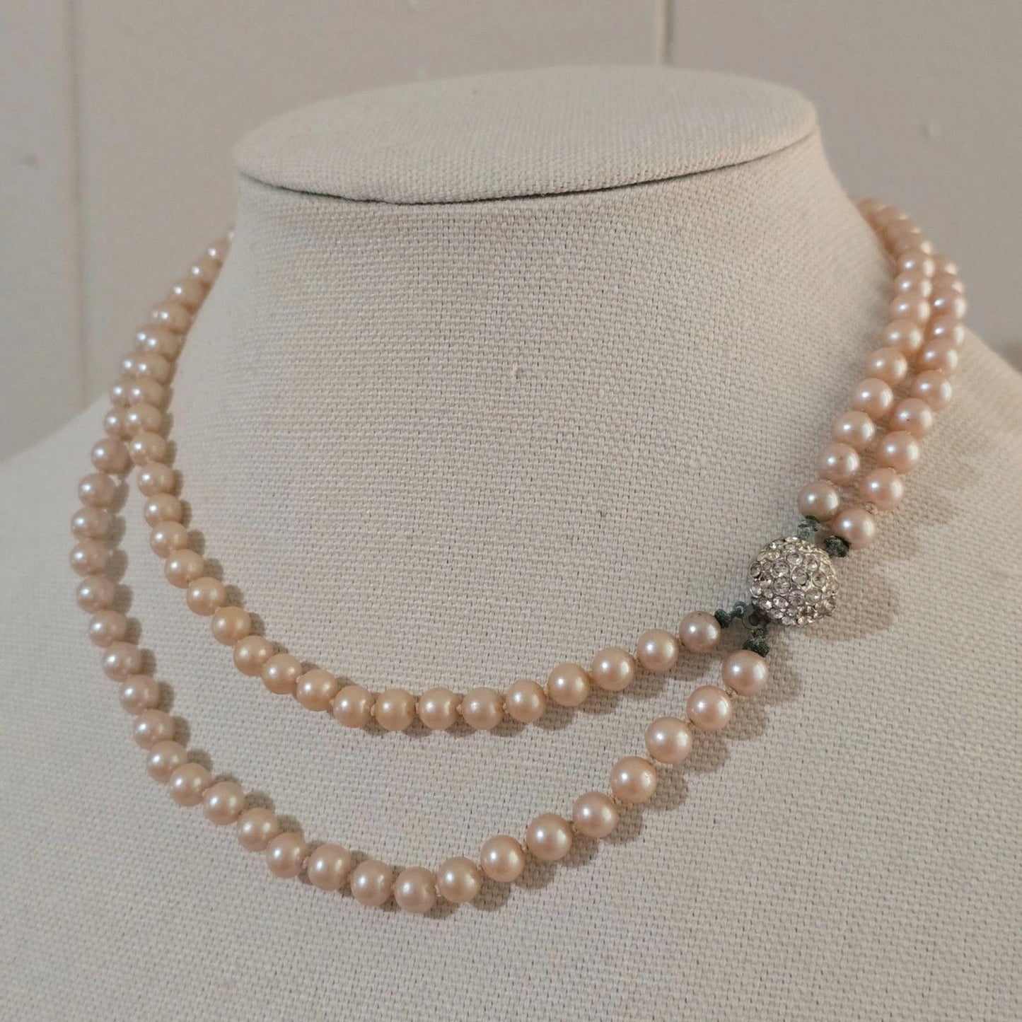 Vintage 6 Strand Pearl Choker Rhinestone Clasp Graduated Knotted