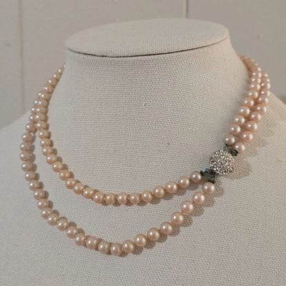 Vintage 6 Strand Pearl Choker Rhinestone Clasp Graduated Knotted