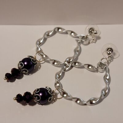 Handmade Twisted Silver And Purple Hoop Dangle Earrings