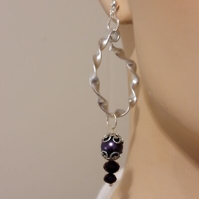 Handmade Twisted Silver And Purple Hoop Dangle Earrings