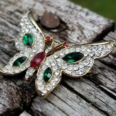Gold Tone Rhinestone Butterfly Brooch