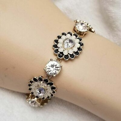 Gold Tone Flower Enamel Rhinestone Bracelet