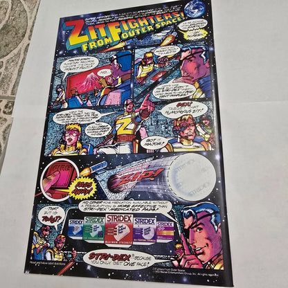 Comic-style advertisement for Striderex with space-themed graphics on a flat surface.