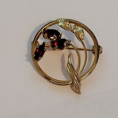 Gold Tone Red Rhinestone Brooch