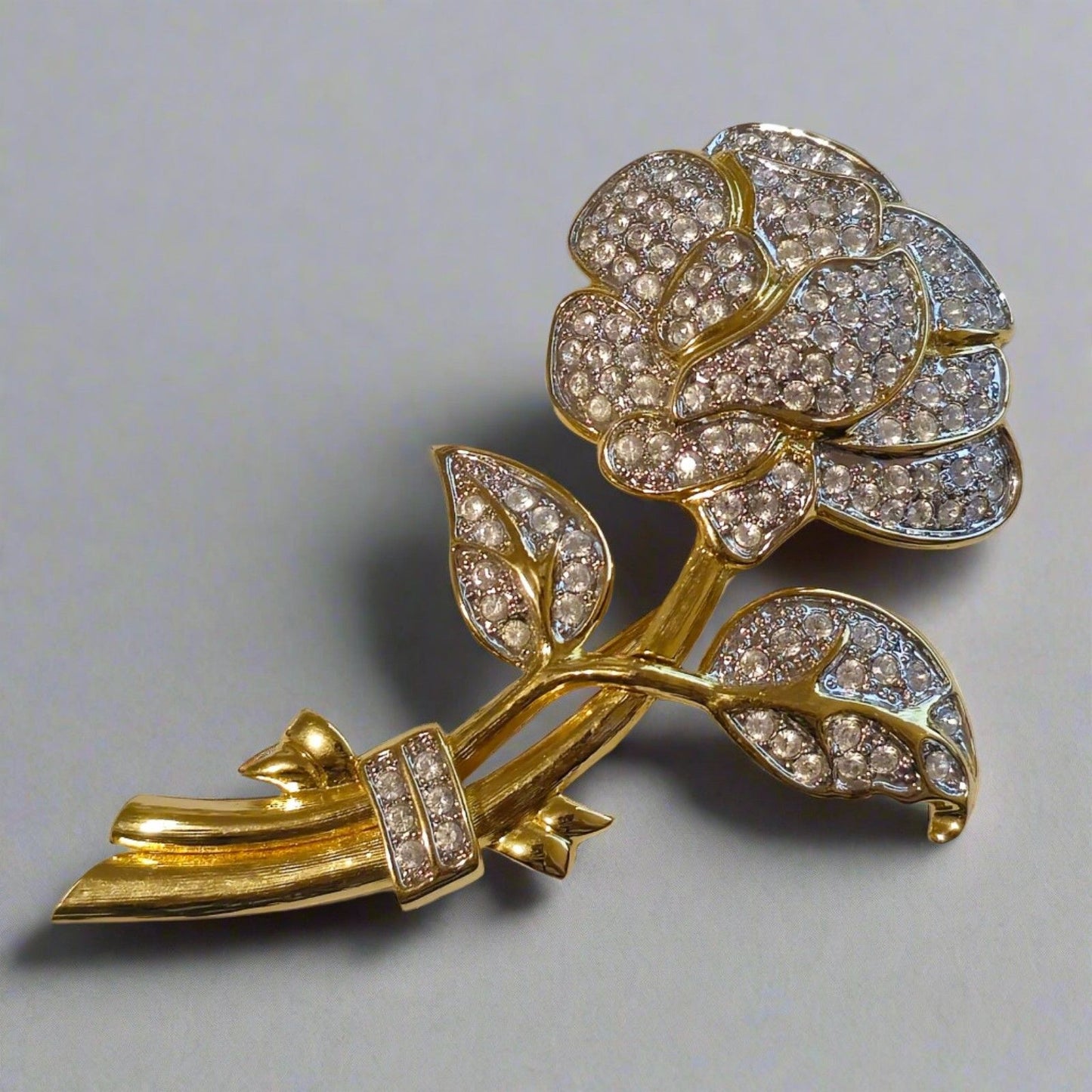 Nolan Miller Pave Rose Brooch – Gold Tone with Crystal Accents