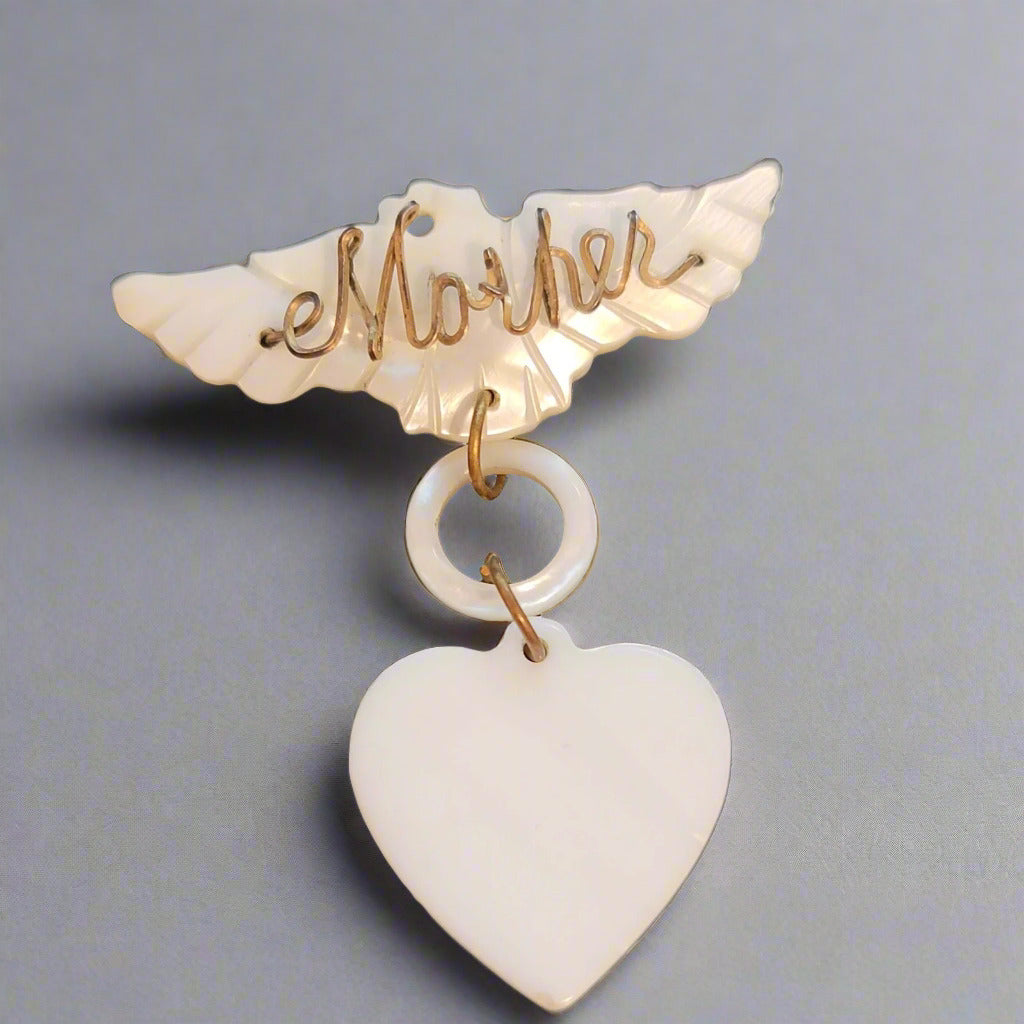 Vintage Mother of Pearl "Mother" Brooch – Dangling Heart Design