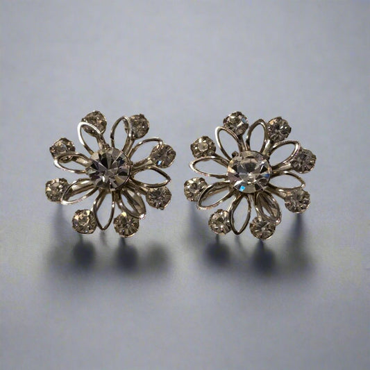 Vintage Silver Tone Flower Screw Back Earrings