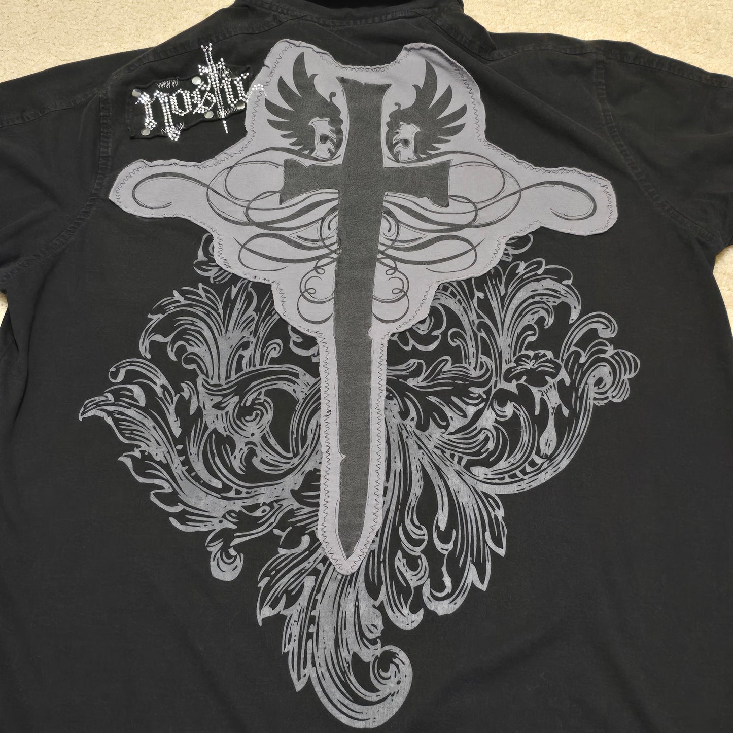 Nostic Studded Cross Polo Shirt Black Gothic Graphic Tee Size XL Made in USA