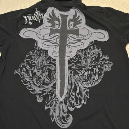 Nostic Studded Cross Polo Shirt Black Gothic Graphic Tee Size XL Made in USA