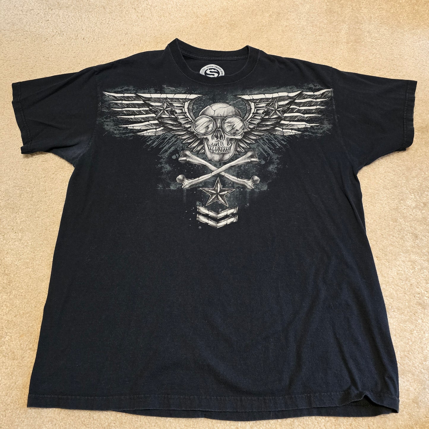 Sinister Brand Skull Wings Crossbones Star Graphic T-Shirt Black XL Biker Tee