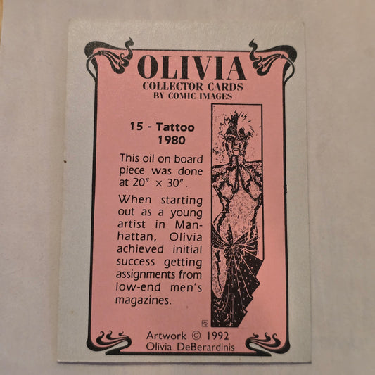 Olivia collector card with black and white illustration on pink background