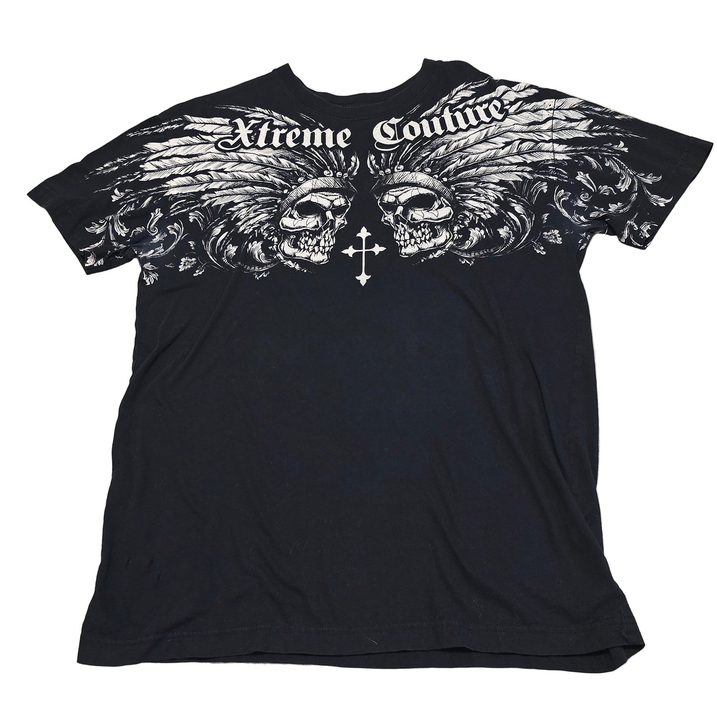 Xtreme Couture Double Skull Wing Graphic T-Shirt Black Size L Made in USA
