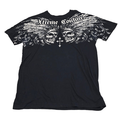 Xtreme Couture Double Skull Wing Graphic T-Shirt Black Size L Made in USA