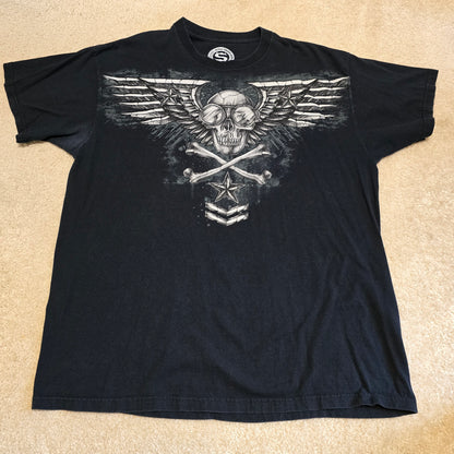 Sinister Brand Skull Wings Crossbones Star Graphic T-Shirt Black XL Biker Tee