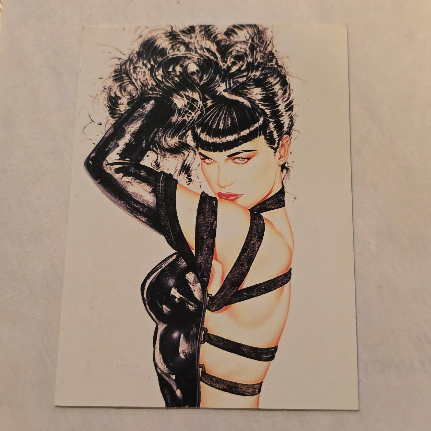 Illustration of a woman in a strappy outfit with a textured background