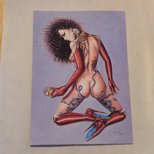 Illustration of a woman in a red dress with tattoos on a purple background