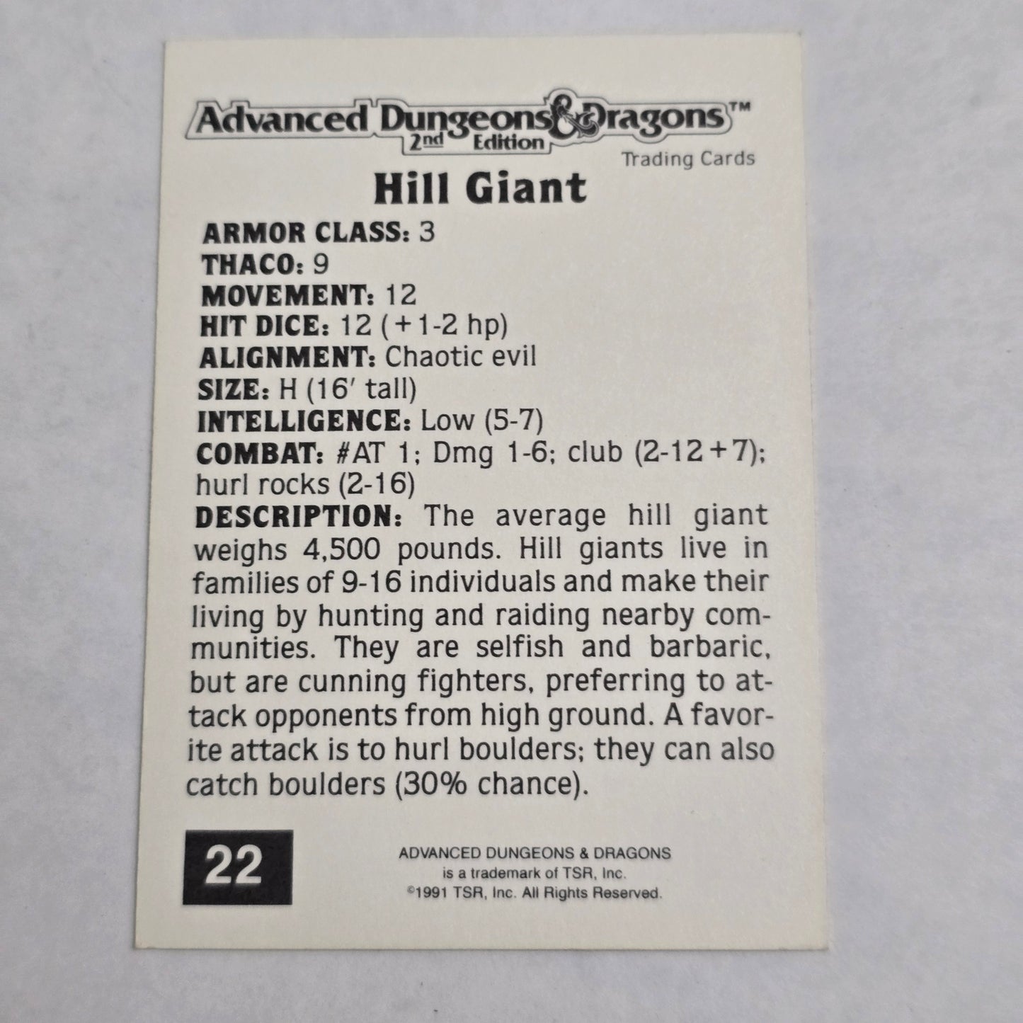 Hill Giant – AD&D 2nd Edition Trading Card (#22, 1991 TSR)