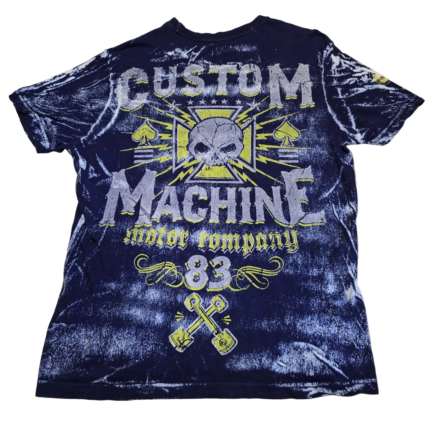 Custom Machine Motor Company 83 Skull Biker Graphic T-Shirt Blue Acid Wash L