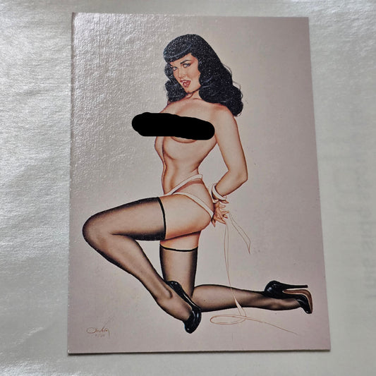 Nude painting of a woman in stockings and high heels on a beige background