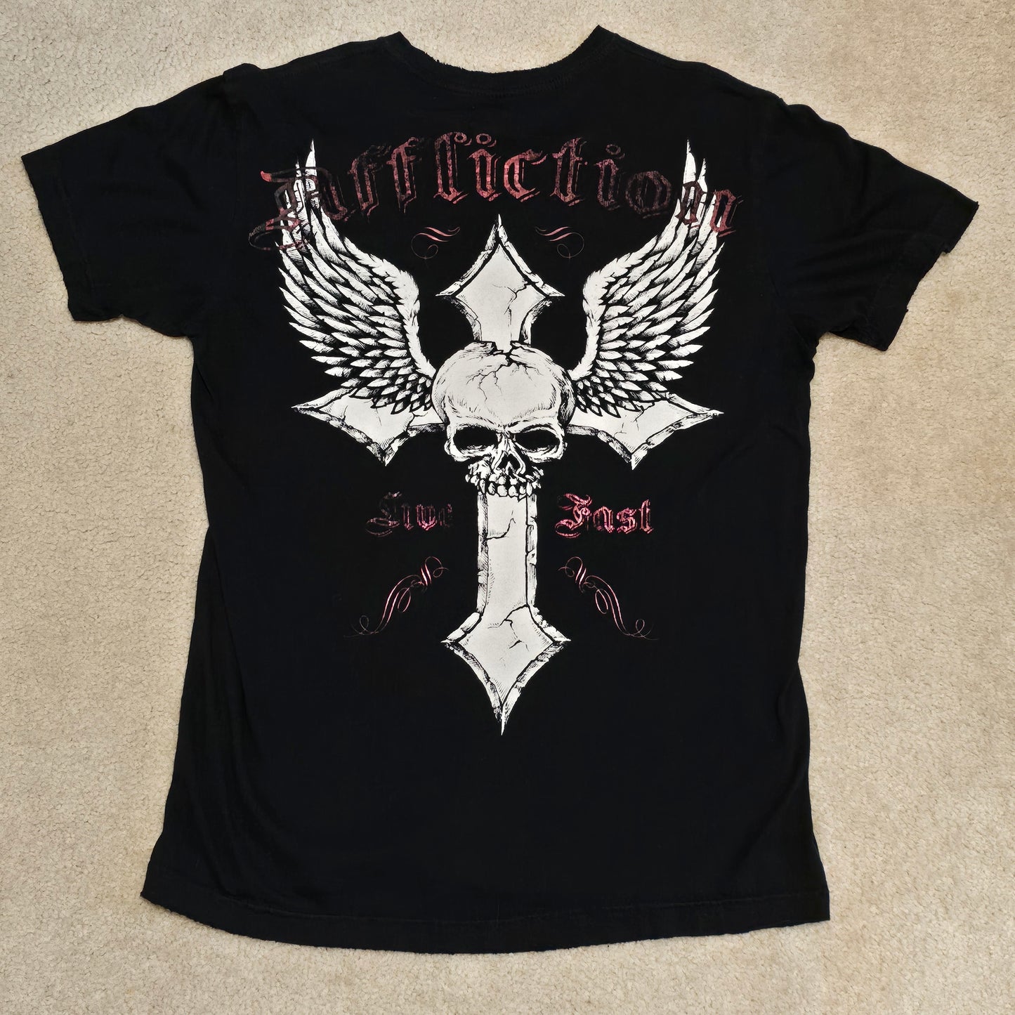 Affliction Cross Graphic T-Shirt Black Large Made in USA Biker MMA Rock Tee