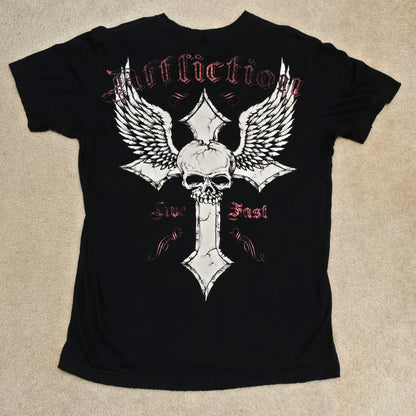 Affliction Cross Graphic T-Shirt Black Large Made in USA Biker MMA Rock Tee