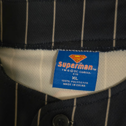Superman Pinstripe Baseball Jersey Shirt Navy Blue Button Front Size XL