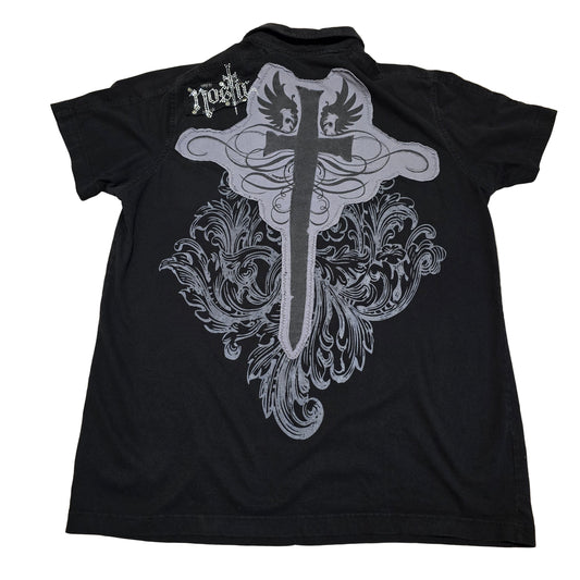 Nostic Studded Cross Polo Shirt Black Gothic Graphic Tee Size XL Made in USA