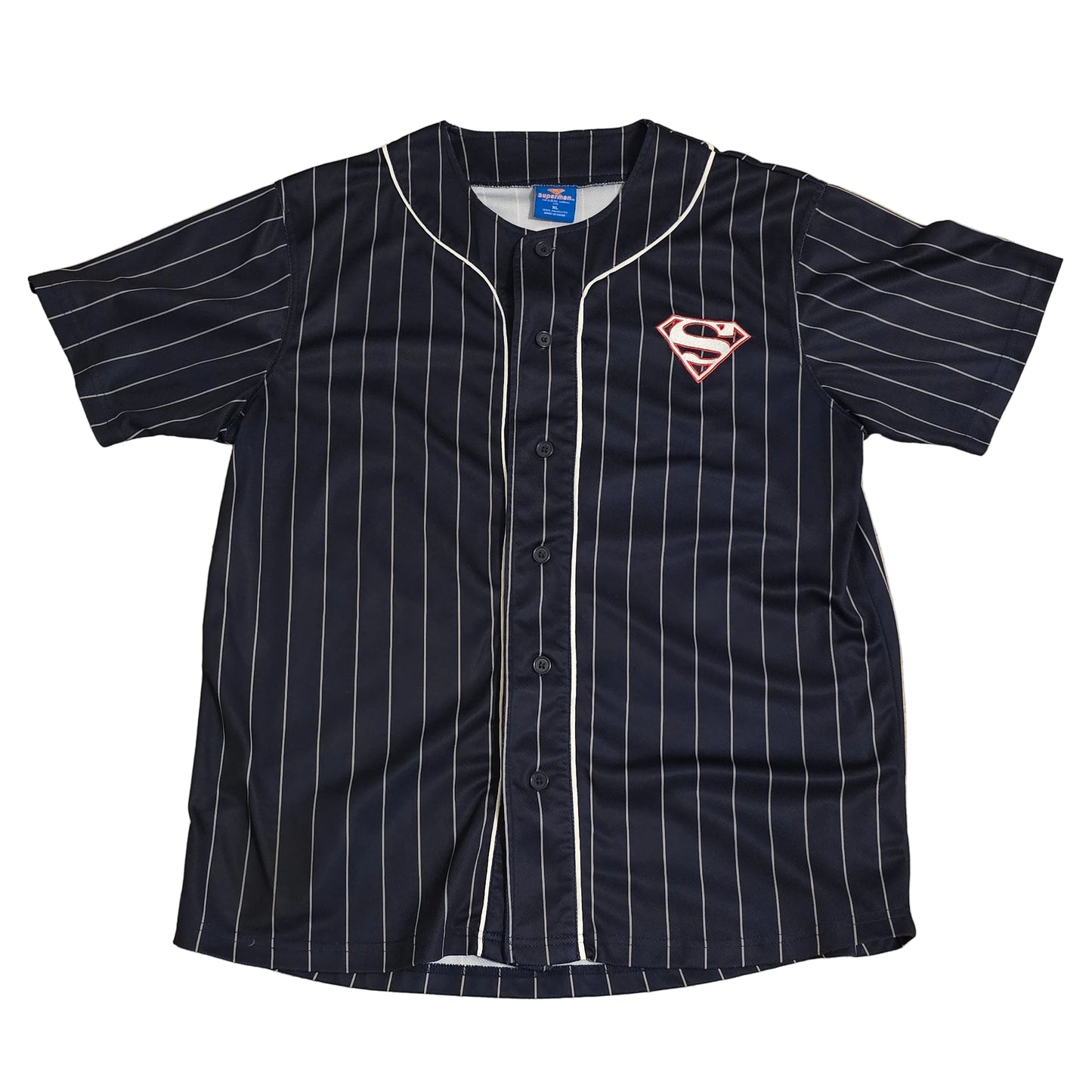 Superman Pinstripe Baseball Jersey Shirt Navy Blue Button Front Size XL