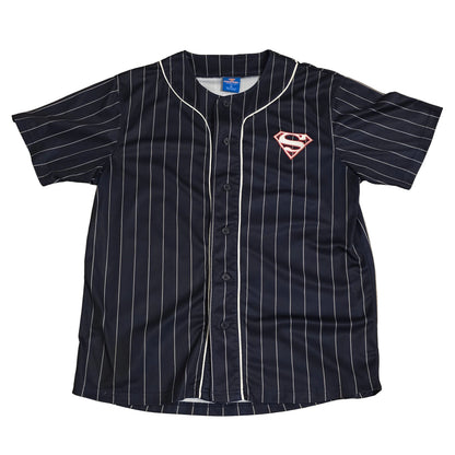 Superman Pinstripe Baseball Jersey Shirt Navy Blue Button Front Size XL
