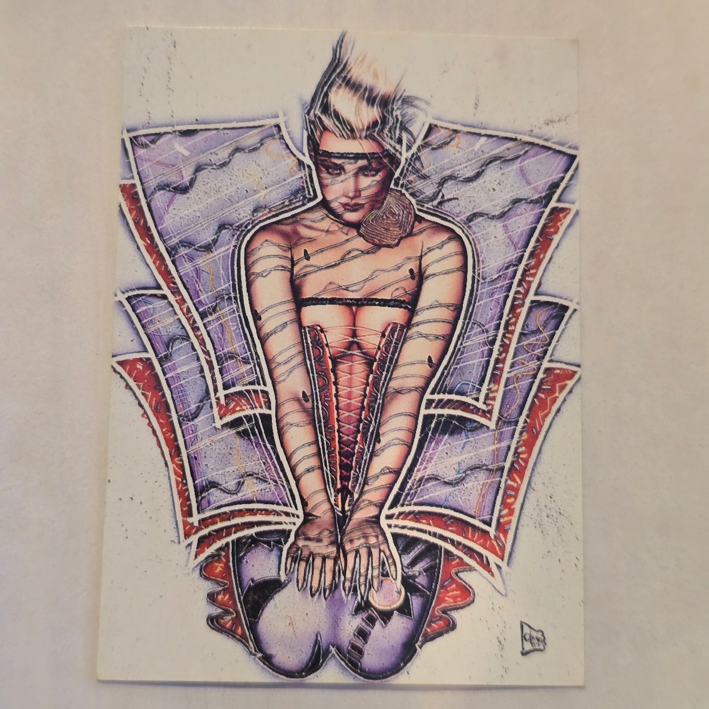 Artistic depiction of a human body with visible muscles and internal organs, colored with purple, red, and brown on a textured beige background.