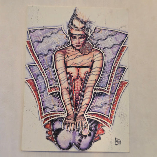 Artistic depiction of a human body with visible muscles and internal organs, colored with purple, red, and brown on a textured beige background.