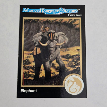 Trading card featuring an elephant with a decorative headdress on a gray background