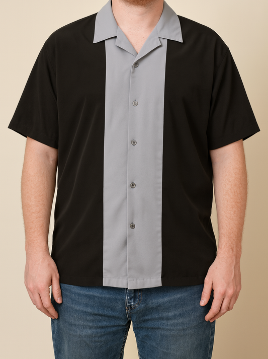 Philippe Marcel Black Gray Bowling Shirt Short Sleeve Button Front Size Large