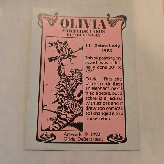 Olivia collector card with zebra illustration on a pink background