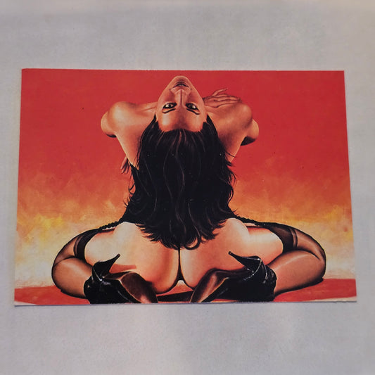 Artistic depiction of a woman in a black bikini against an orange background