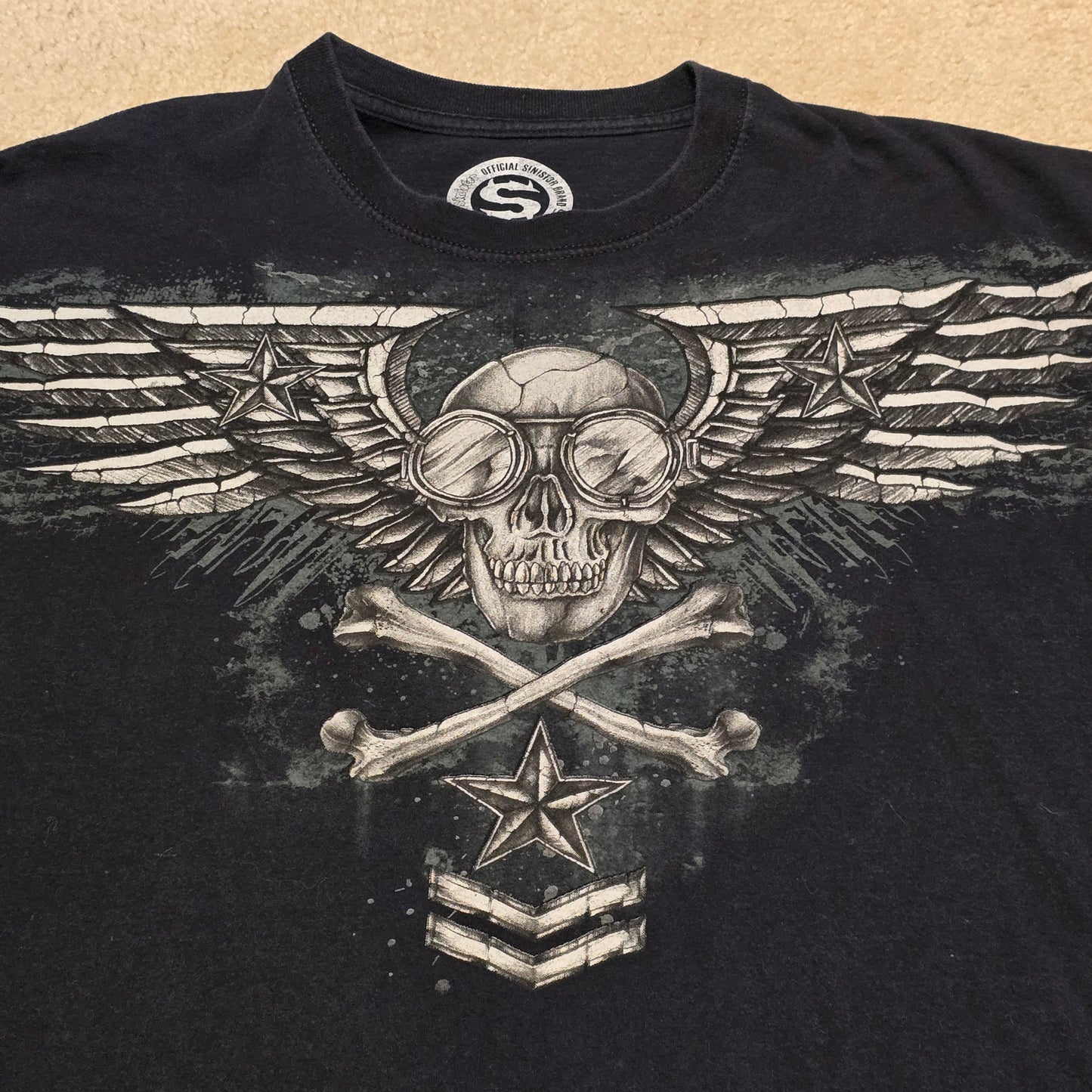 Sinister Brand Skull Wings Crossbones Star Graphic T-Shirt Black XL Biker Tee