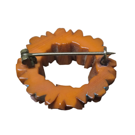 Vintage 1930s Carved Bakelite Floral Wreath Brooch Brown & Blue Pin