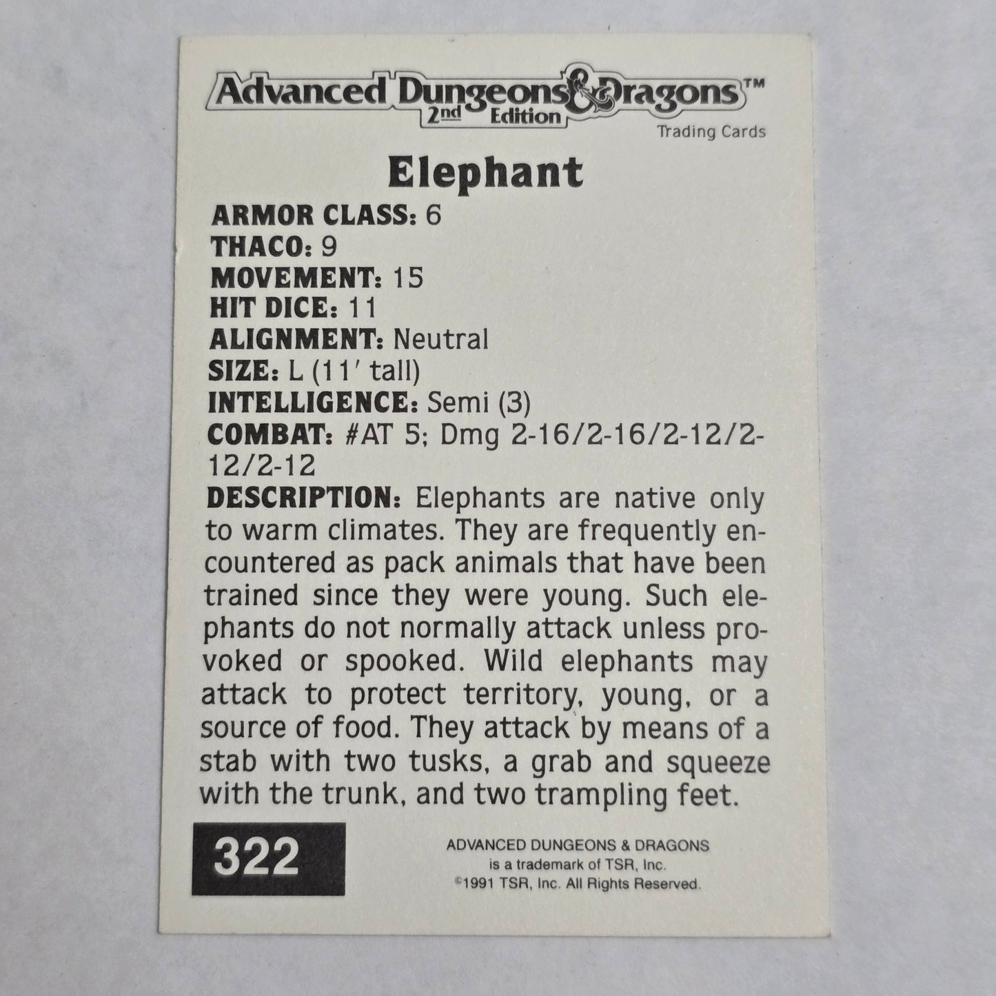 AD&D 2E Trading Card — Elephant (#322) — Gold Border Series (1992)