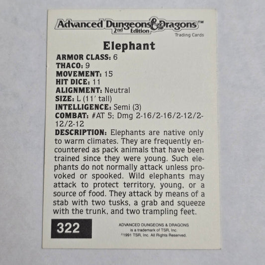 AD&D 2E Trading Card — Elephant (#322) — Gold Border Series (1992)