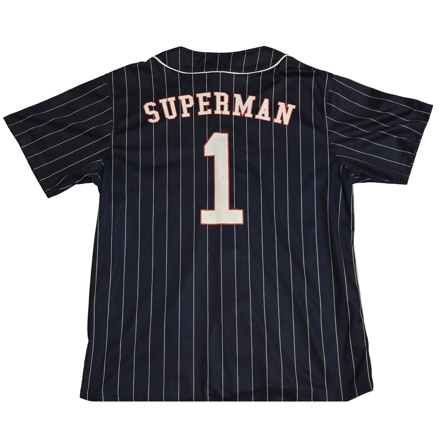 Superman Pinstripe Baseball Jersey Shirt Navy Blue Button Front Size XL