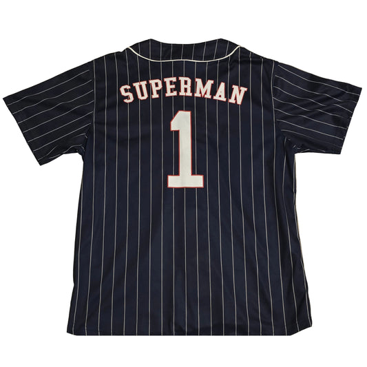 Superman Pinstripe Baseball Jersey Shirt Navy Blue Button Front Size XL