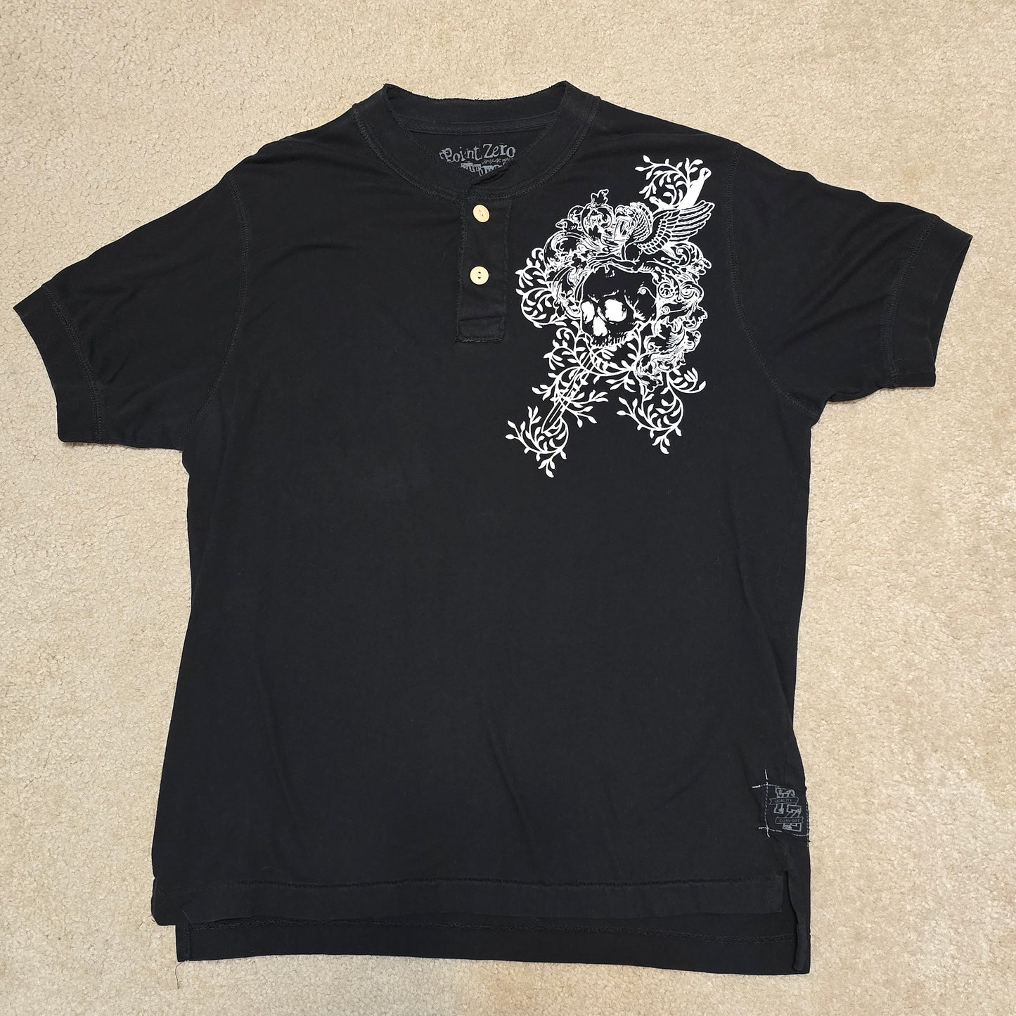 Point Zero Henley T-Shirt Skull Bird Graphic Black Vintage Wash Medium