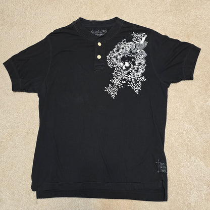Point Zero Henley T-Shirt Skull Bird Graphic Black Vintage Wash Medium