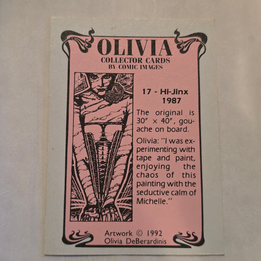 Olivia collector card with pink border and black text on a beige background