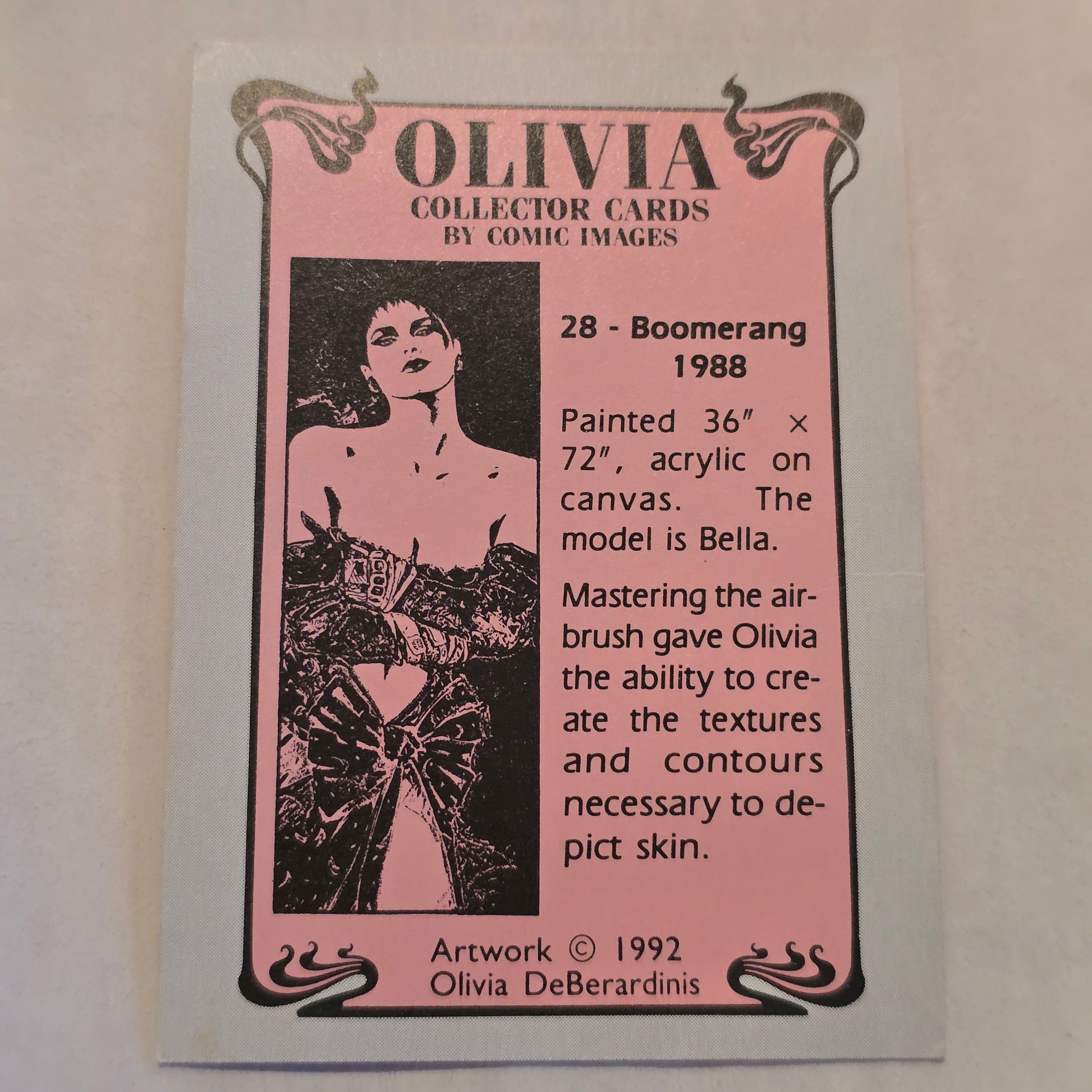 Olivia collector card with black and white illustration on pink background