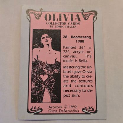 Olivia collector card with black and white illustration on pink background