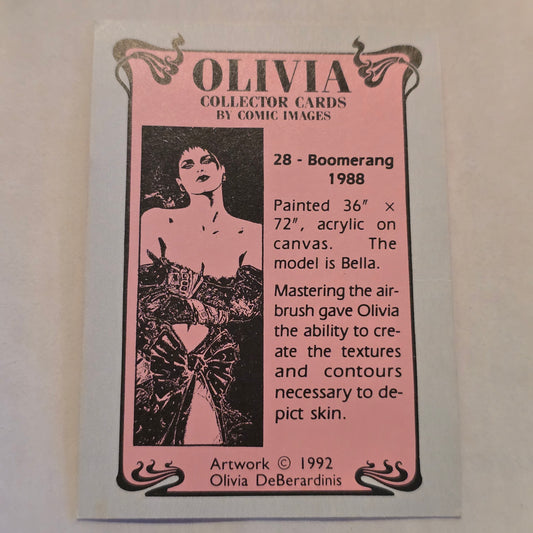 Olivia collector card with black and white illustration on pink background